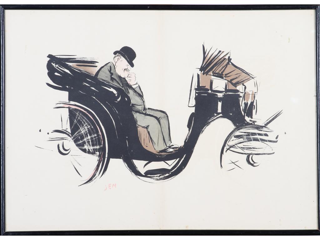 Marie Joseph George GOURSAT (1836-1934) dit SEM : Hommes en calèche. Paire de lithographies en couleur signées dans la planche. (Pliure au centre et tâches). Dim : 51 x 72 cm.