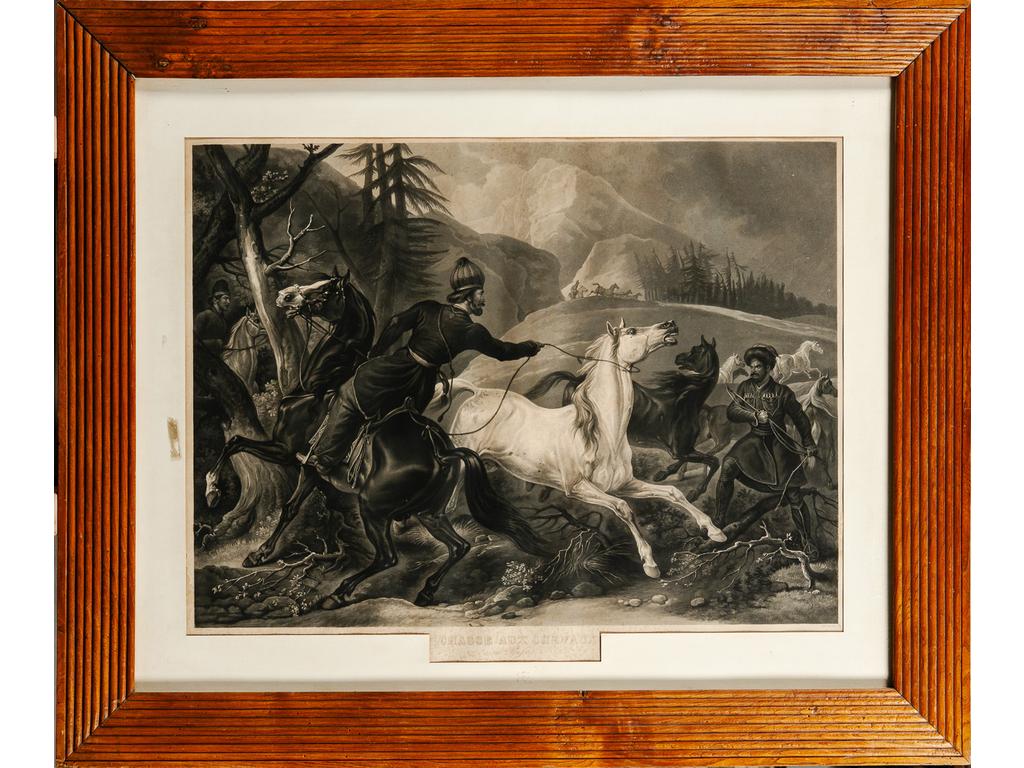 (D'après) Carl VERNET, gravée par Jauzet : La chasse aux chevaux en Russie. Grande gravure encadrée sous verre. (Rousseur). Dim : 65 x 81 cm (à vue).