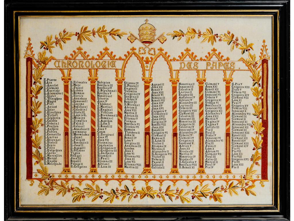 Importante broderie encadrée sous verre figurant la chronologie des papes. Travail Français du XIXème siècle. Dim : 87 x 116.5 cm.