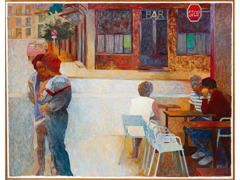 Jean LAMOUROUX (1933-2008) : Terrasse de café. Huile sur toile signée en bas à droite et datée (19)84. Dim : 115 x 145 cm.