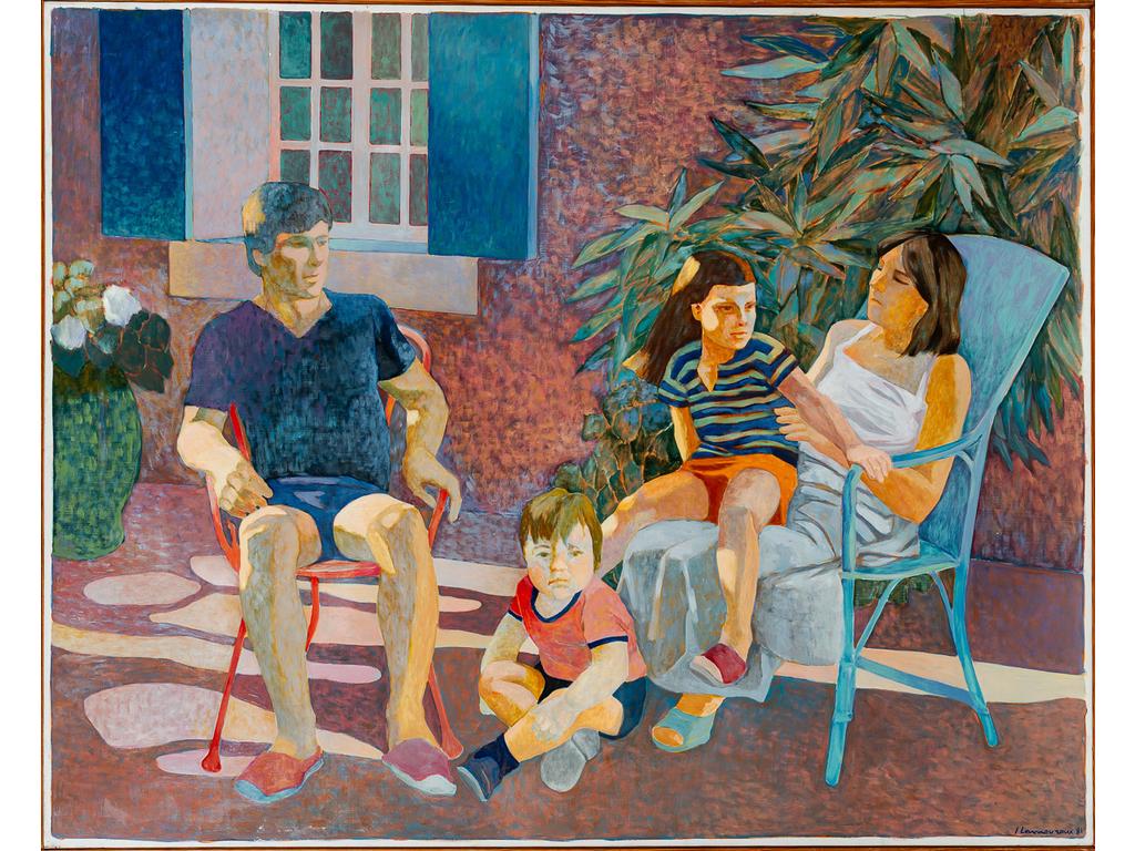 Jean LAMOUROUX (1933-2008) : Portrait de famille. Huile sur toile signée en bas à droite et datée 81. Dim : 129.5 x 162 cm.