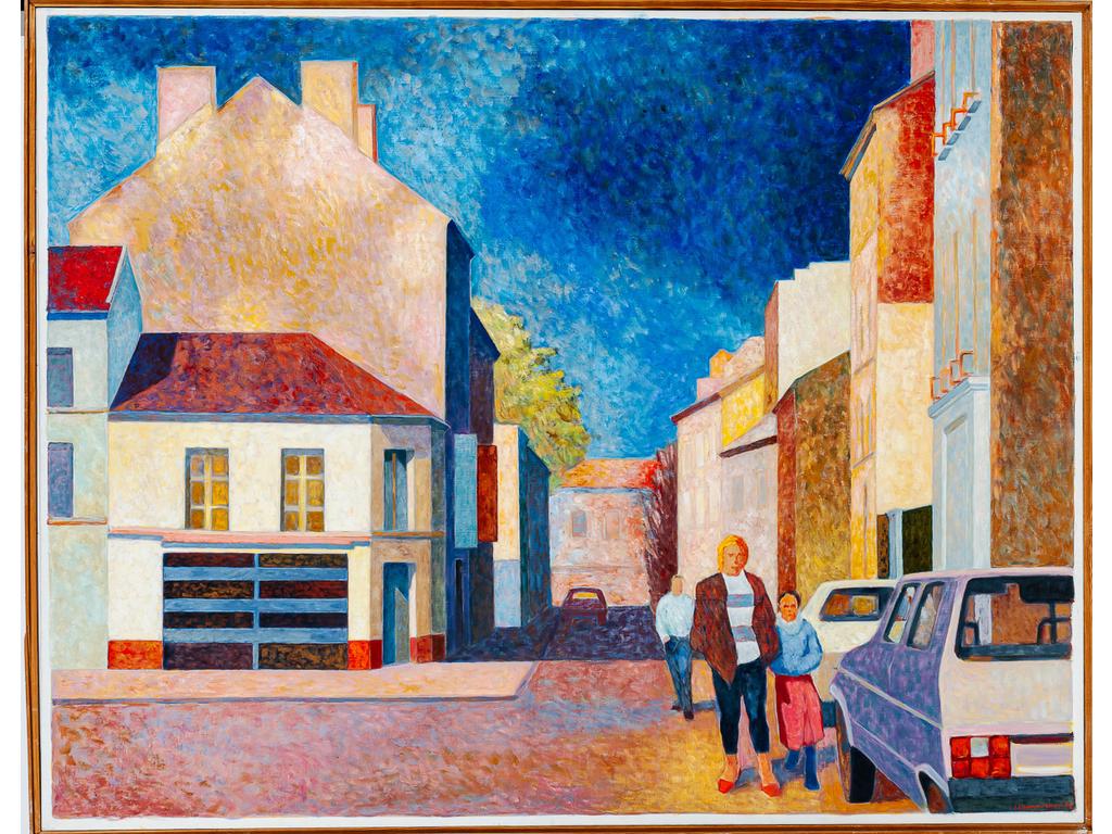 Jean LAMOUROUX (1933-2008) : Rue animée. Huile sur toile signée en bas à droite et datée 89. Dim : 114 x 146.5 cm.