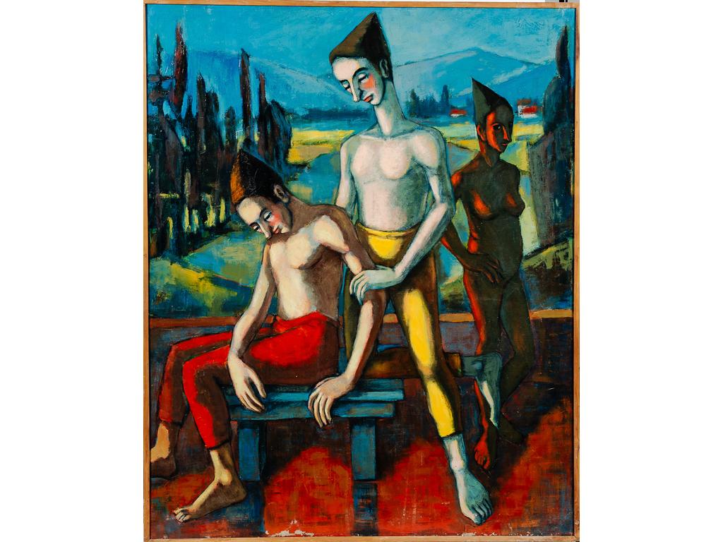 Jean LAMOUROUX (1933-2008) : Les trois Napolitains. Huile sur toile. Trace de signature en bas à droite. (Manques en partie basse). Dim : 161 x 130 cm.