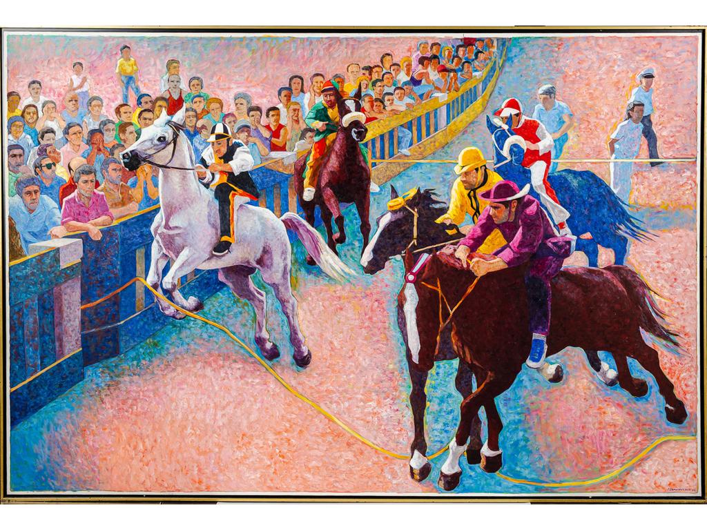 Jean LAMOUROUX (1933-2008) :  Le Palio. Grande huile sur toile signée en bas à droite et datée (19)99. Dim : 200 x 300 cm.