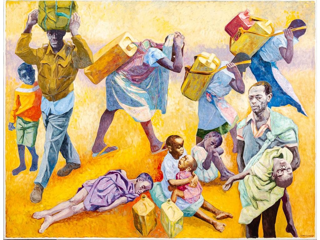 Jean LAMOUROUX (1933-2008) : Village d'Afrique de l'Ouest. Grande Huile sur toile signée en bas à droite et datée (19)95. (Sans cadre). Dim : 200 x 250 cm.