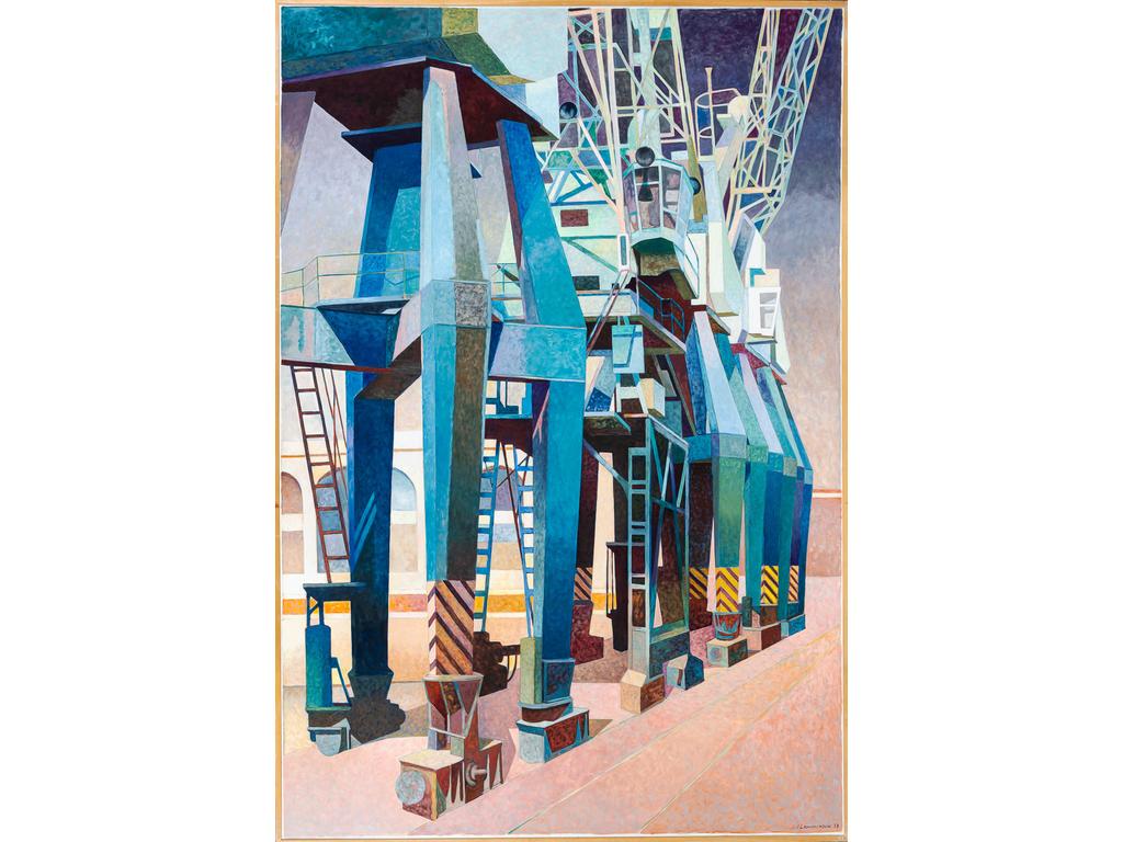Jean LAMOUROUX (1933-2008) : Les docs de Marseille. Huile sur toile signée en bas à droite et datée (19)87. Dim : 235 x 160 cm.