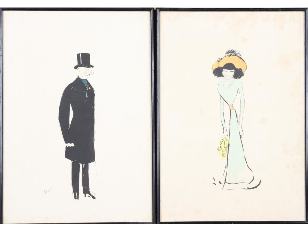 Marie Joseph George GOURSAT (1836-1934) dit SEM : Quatre lithographies en couleur signées dans la planche. (Taches et un cadre à restaurer). Dm : 49.5 x 34 cm.