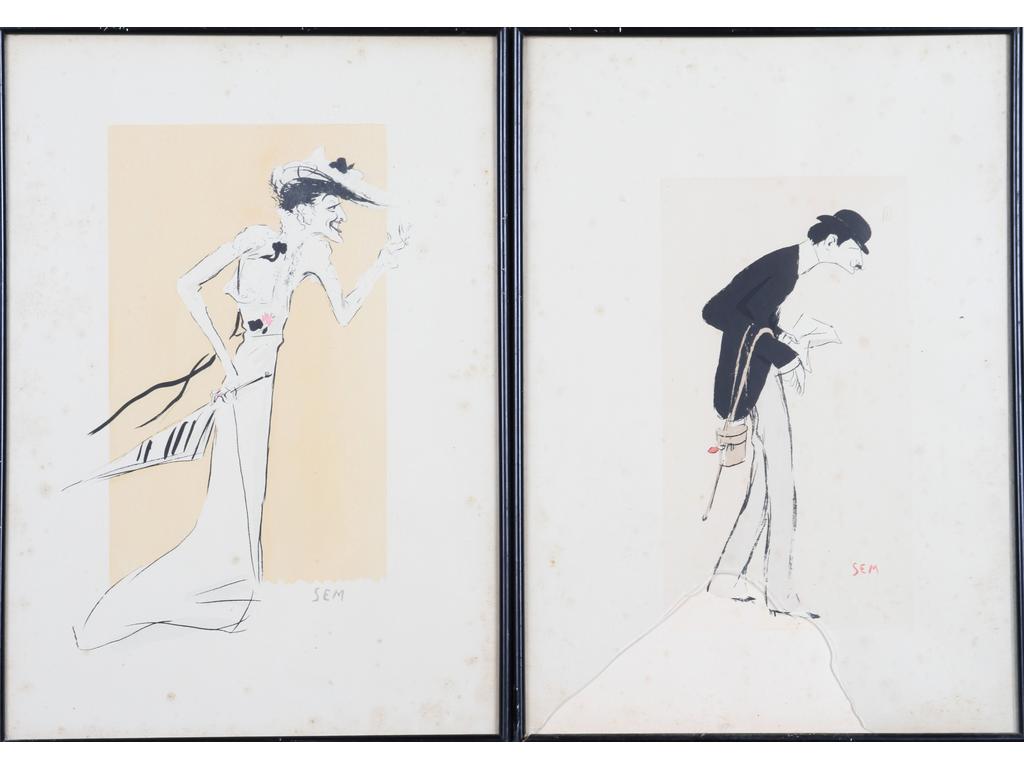 Marie Joseph George GOURSAT (1836-1934) dit SEM : Quatre lithographies en couleur signée dans la planche. (Tâches et une vitre cassée). Dim : 51 x 35.5 cm.