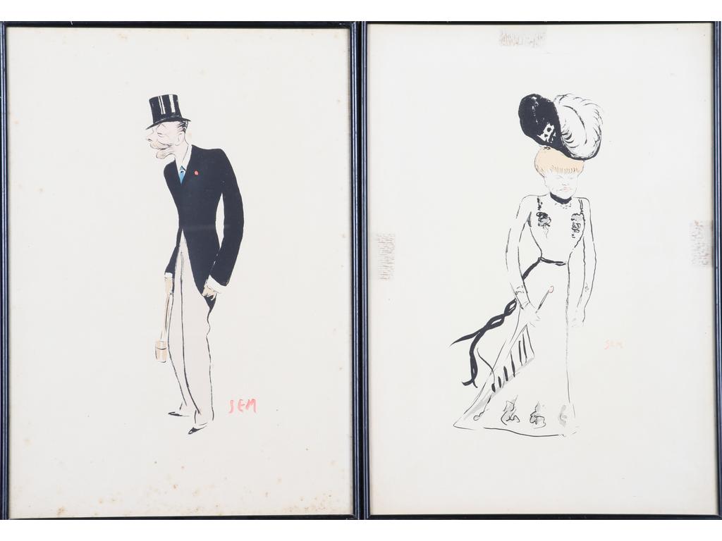 Marie Joseph George GOURSAT (1836-1934) dit SEM :  Trois lithographies en couleur signées dans la planche. (Tâches). Dim : 51.5 x 36 cm.