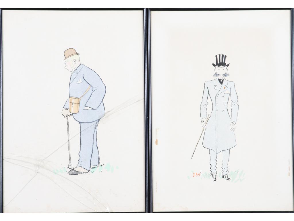 Marie Joseph George GOURSAT (1836-1934) dit SEM : Quatre lithographies en couleur signées dans la planche. (Tâches et une vitre cassée). Dim : 47.5 x 33 cm