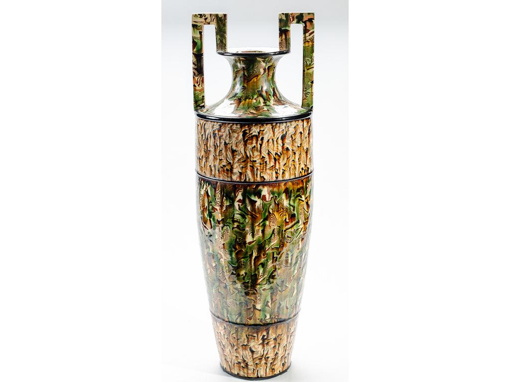 Manufacture PICHON à Uzès : Grand vase en forme d'amphore en terres-mêlées à deux anses. Signé. (Anse cassée et recolée). Hauteur totale: 64 cm.