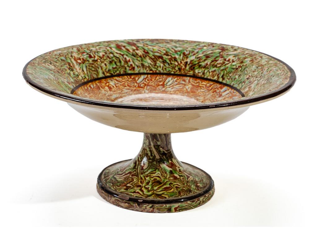 Manufacture PICHON à Uzès : Coupe sur piédouche en céramique à décor marbré en terres mêlées. Signée du cachet : 