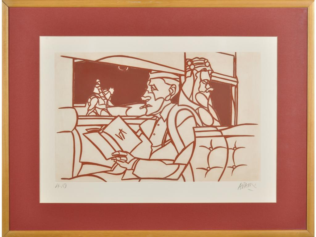 Valerio ADAMI (1935) : Wagon de train. Lithographie signée en bas à droite au crayon et numérotée 64/150. Avec tampon sec 