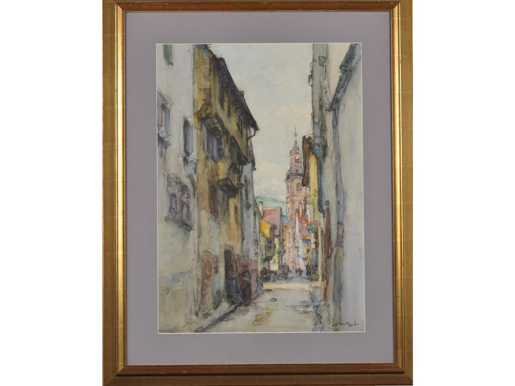 Louis MONTAGNE (1879-1960) : Rue de village. Aquarelle signée en bas à droite. Dim : 60x42 cm