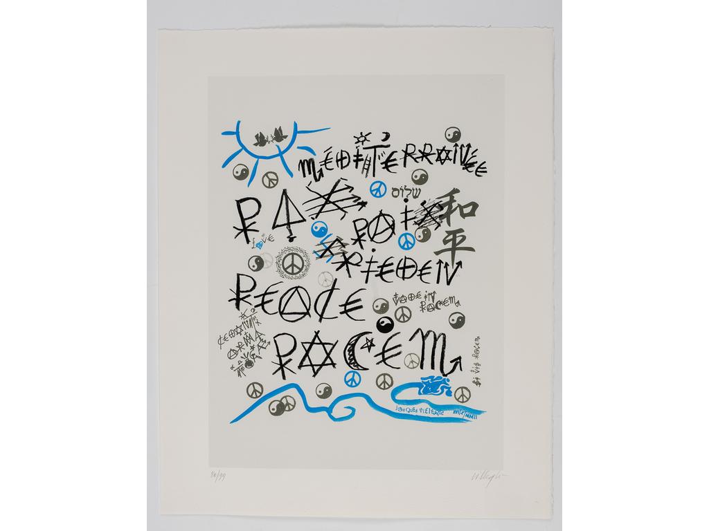 Jacques VILLEGLE (1926-2022) : Méditerranéennes pour la paix. Sérigraphie signée en bas à droite au crayon et numérotée 80/99. (Sans cadre). Dim : 49 x 40 cm