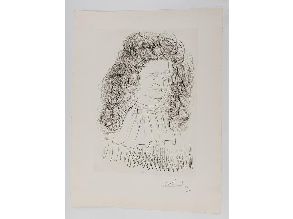 Salvador DALI (1904-1989) : Portrait de Jean de la Fontaine. Gravure à l'eau forte et burin signée en bas à droite au crayon. (Sans cadre). Dim de la feuille : 79 x 59 cm.