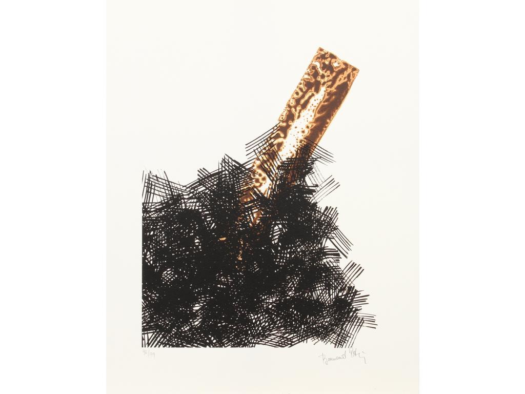Bernard PAGES (1940) : Composition en ocre et noir. Lithographie signée en bas à droite dans la marge et n° 96/99. Dim feuille : 40 x 50 cm.