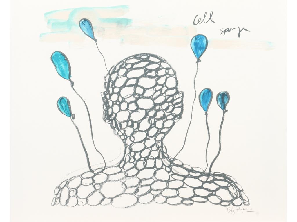 Fabrice HYBER (1961) : Personnage aux ballons. Lithographie signée en bas à droite dans la marge et n° 86/89. (Froissure au côté droit). Dim feuille : 40 x 50 cm.