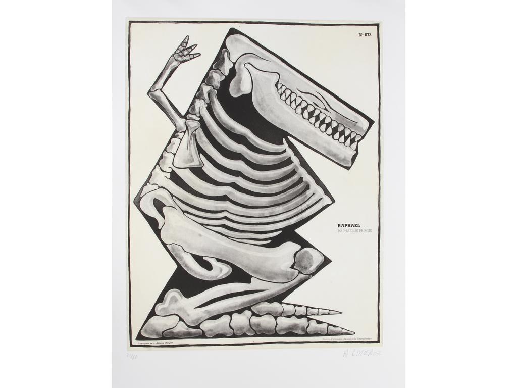 Hervé DI ROSA (1959) : Raphaelus Primus n° 073. Institut d'anatomie Mondial de la Diromuthologie. Gravure sur vélin d'Arches. N°21/60. Imprimerie de la Métairie Bruyère. Dim feuille : 92 x 63.5 cm.