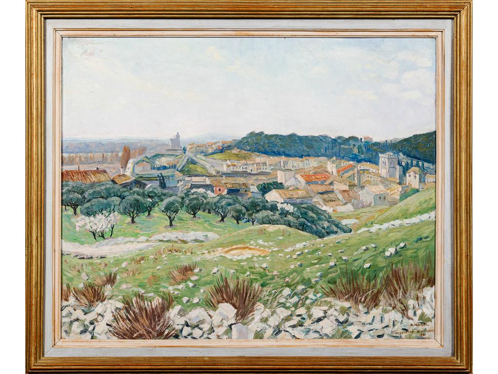 Albert HOREL (1876-1964) : Vue de Villeneuve les Avignon. Huile sur panneau signée en bas à droite, située et datée 1930. Dim : 81 x 99.5 cm.