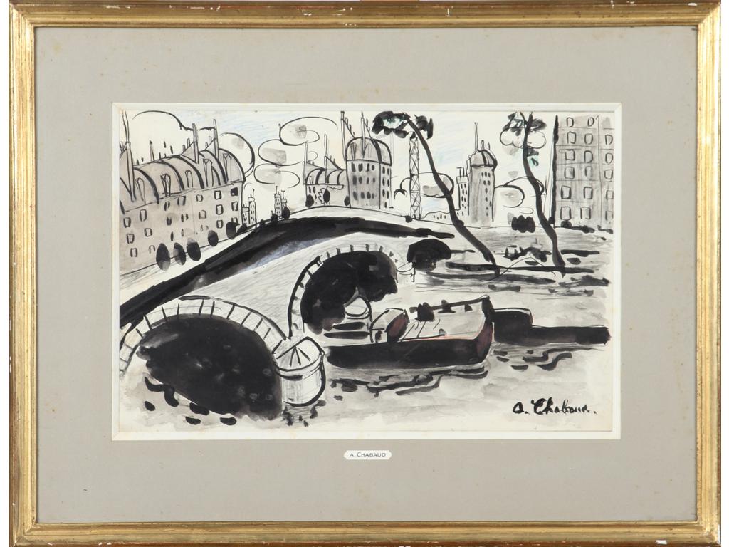 Auguste CHABAUD (1882-1955) : La péniche sous le pont neuf. Dessin à l'encre, crayon et pastels, signé en bas à droite. Dim : 27.5 x 43 cm.