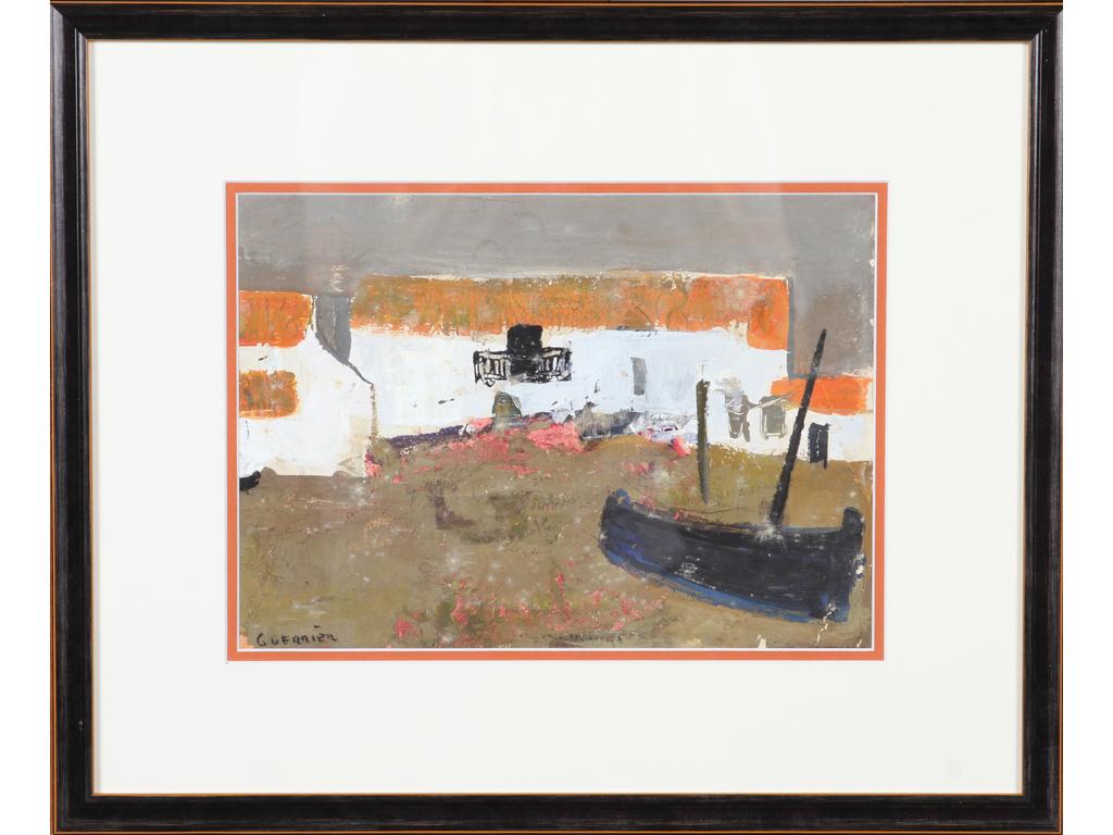 Raymond GUERRIER (1920-2002) : La maison et la barque. Gouache sur papier, signée en bas à gauche. Dimensions : 19 x 26 cm