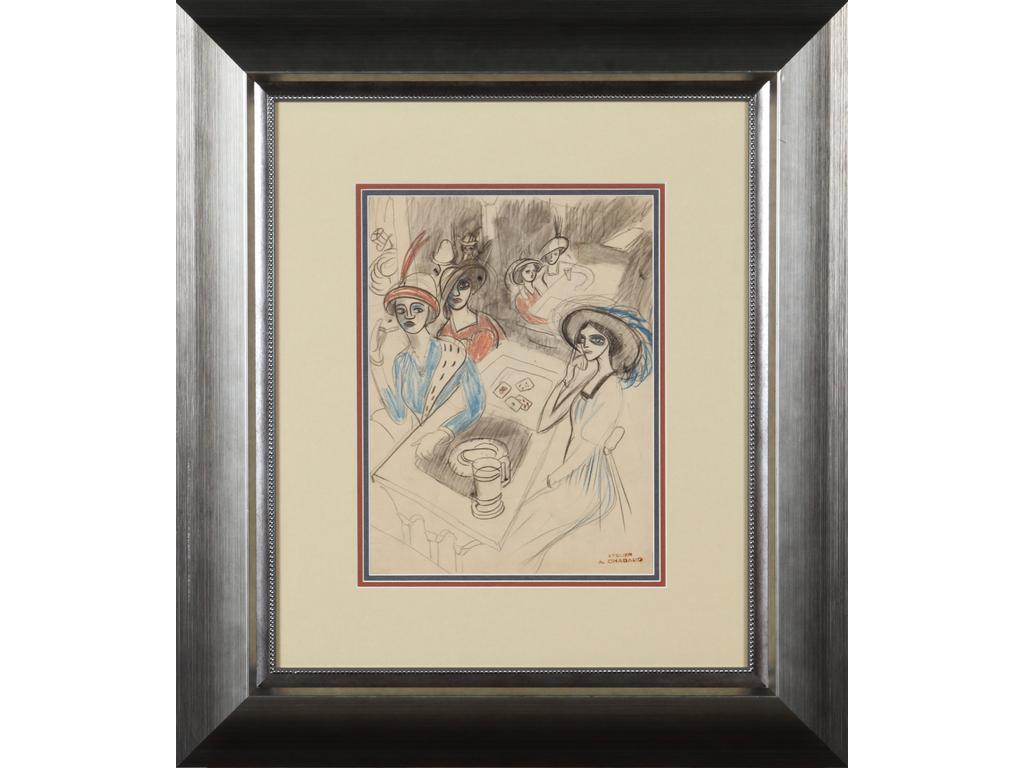 Auguste CHABAUD (1882-1955) : Femme dans un café. Dessin à la mine de plomb, fusain et pastel, signé en bas à droite du cachet d'atelier. Au dos, étiquette d'atelier n° 833. (Petite pliure à l'angle gauche). Dim : 30 x 23 cm. Reproduit page 27 du catalogue de l'exposition 