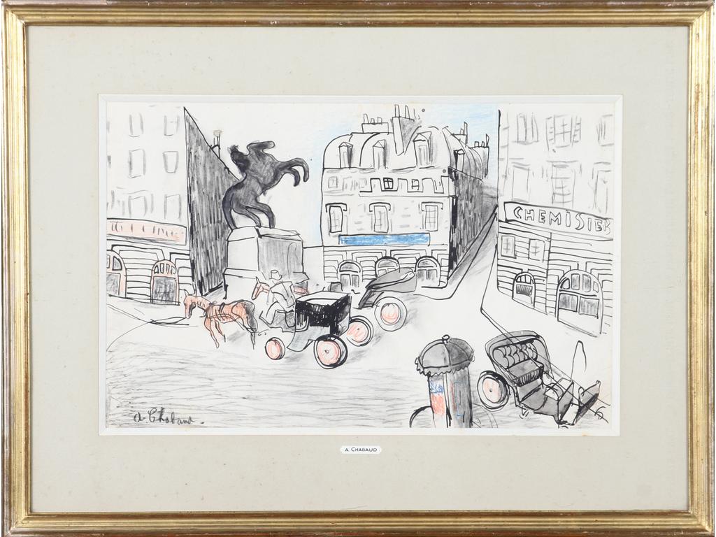 Auguste CHABAUD (1882-1955) :  Place des Victoires, Paris. Dessin à la mine de plomb encre et pastels, signé en bas à gauche. (Petites pliures et déchirures). Dim : 31.5 x 49 cm. Reproduit page 32 du catalogue de l'exposition 