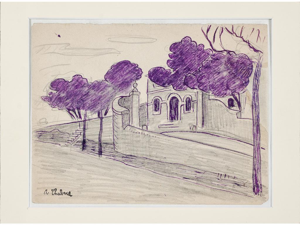 Auguste CHABAUD (1882-1955) : La gare de Graveson. Dessin au feutre violet et mine de plomb. Signé du cachet d'atelier. (Angle haut droit déchiré, restauré par un doublage de papier). Avec certificat de Mr. Claude Chabaud. Dim : 24 x 31.5 cm.