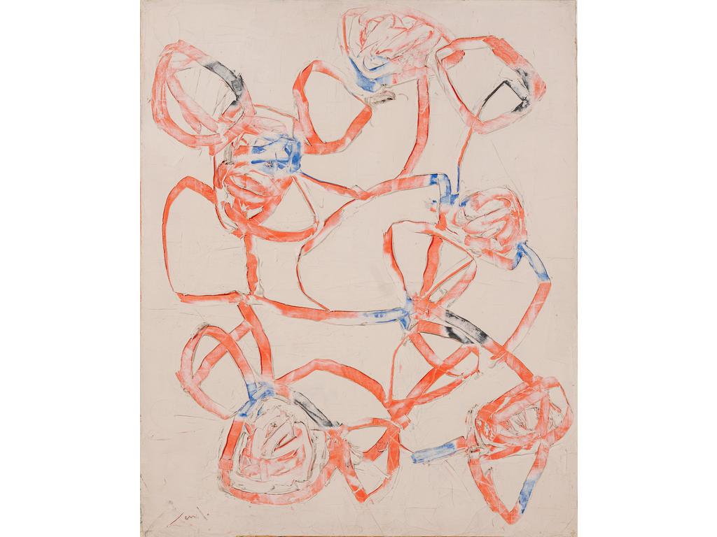 Georges FERRATO (1949) : Série de rouges avec mal à la gorge. Peinture sur toile, signée en bas à gauche. Titré au revers et datée février 1990. Dimensions : 100 x 80 cm. (craquelures, sans cadre)