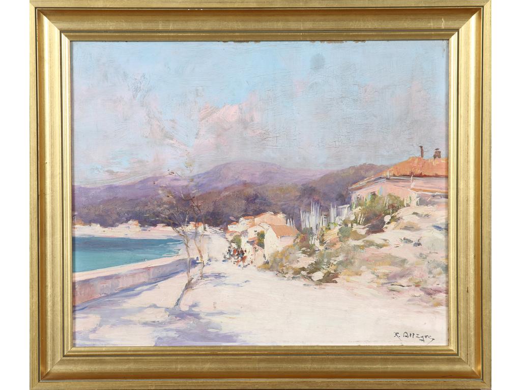 Raymond ALLEGRE (1857-1933) :  Le chemin côtier. Huile sur panneau signée en bas à droite. (Craquelures). Dim : 37 x 45 cm.