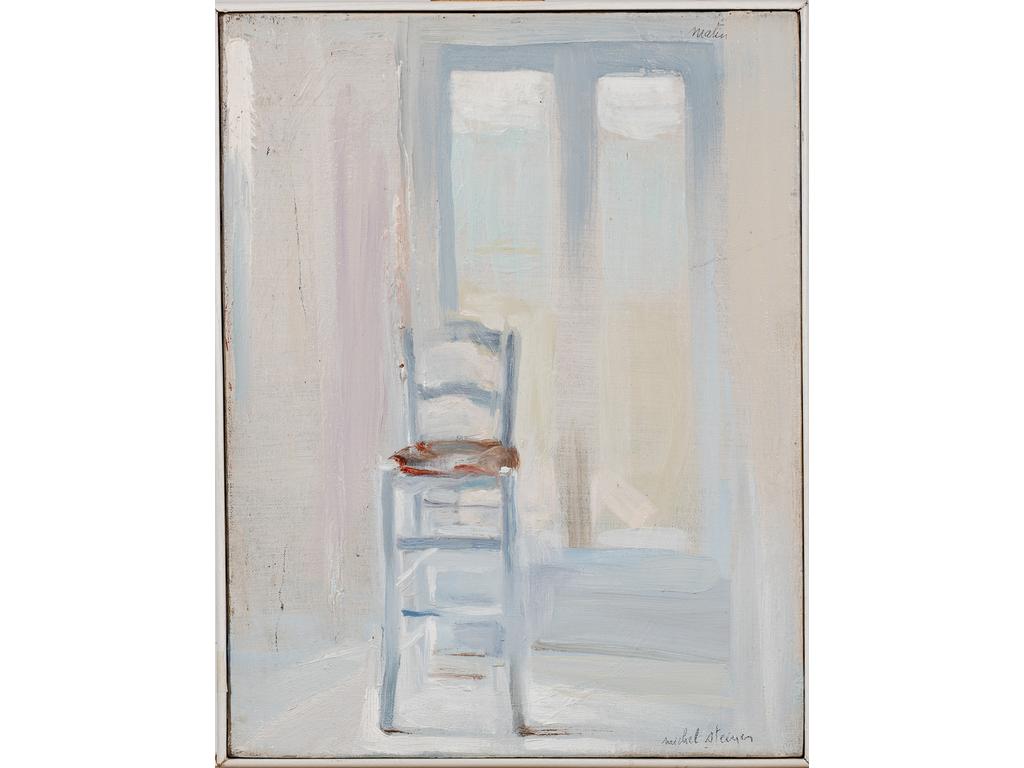 Michel STEINER (1934-2022) : La chaise de Chantemerle, Matin. Huile sur toile signée en bas à droite. Contre-signée et tirée au revers. Dim : 35 x 27 cm.
