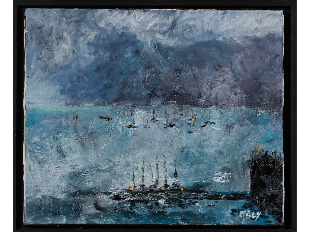 Michel MALY (1936-2018) : Bateaux en mer. Huile sur toile signée en bas à droite. Dim : 46 x 55 cm.