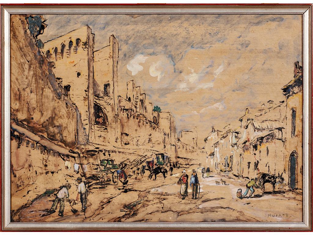 Joseph HURARD (1887-1956) : Avignon, les remparts animés. Huile sur carton signée en bas à droite. Dim : 39x55 cm