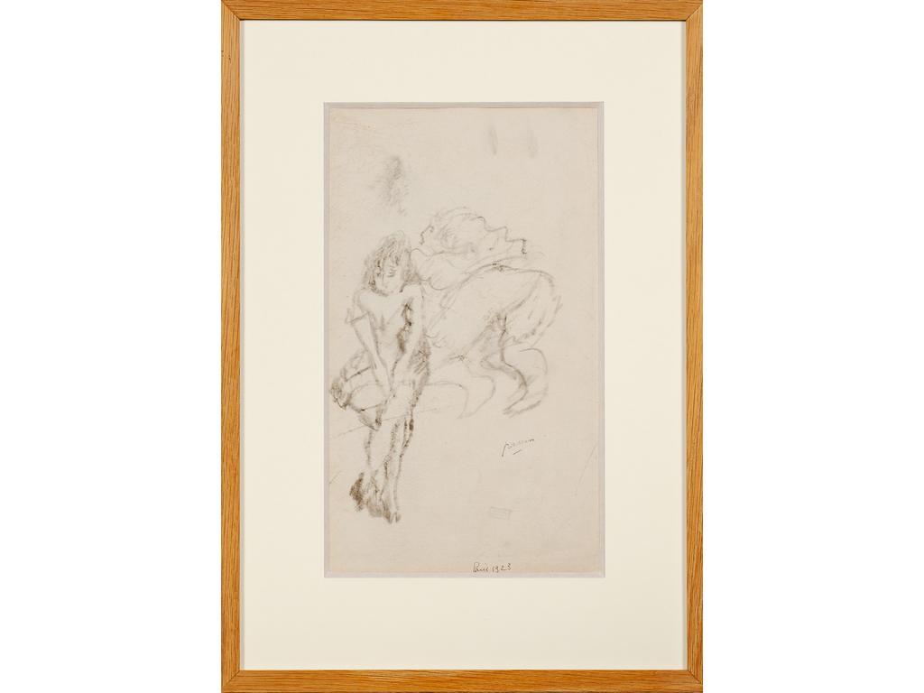 Jules PASCIN (1885-1930) : Deux femmes, Paris, 1923. Fusain portant le cachet de la signature à droite et cachet : atelier Pascin, situé et daté en bas vers le milieu. Papier insolé, pliures. Dim :  30,5 x 18 cm à vue