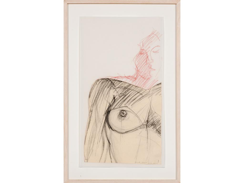Pierre BURAGLIO : Carmela Lucrèce, 2002. Technique mixte (fusain et découpage) signée, titrée et datée en bas à droite. Au dos étiquette de la galerie José Martinez. Dim : 57,5 x 32,5 cm