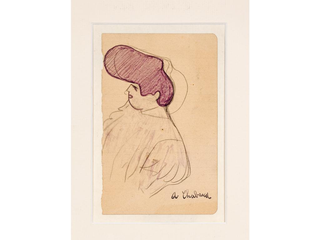 Auguste CHABAUD (1882-1955) : Tête de femme à la grande coiffure, vers 1907-1908. Crayon et encre portant le timbre de la signature en bas à droite. Dim : 17 x 11 cm. Certificat de Thomas Tessien, fils de Sylvia Chabaud en date du 29 novembre 2012 (N°3966)