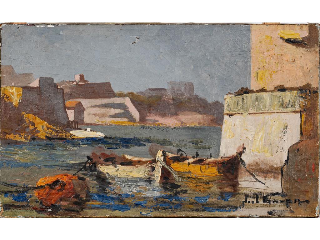 Noël CANEPA. Début XXème : Barques de pêche à l'entrée du port de Marseille. Huile sur toile signée en bas à droite. Dim : 33 x 55 cm. (Sans cadre, quelques éclats de peinture)
