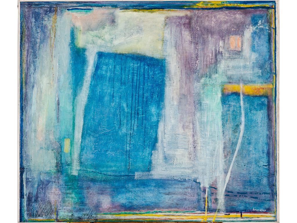 Robert BRANDHOF (1952) : Composition bleue. Acrylique sur panneau signée en bas à droite. Dimensions : 71 x 82 cm