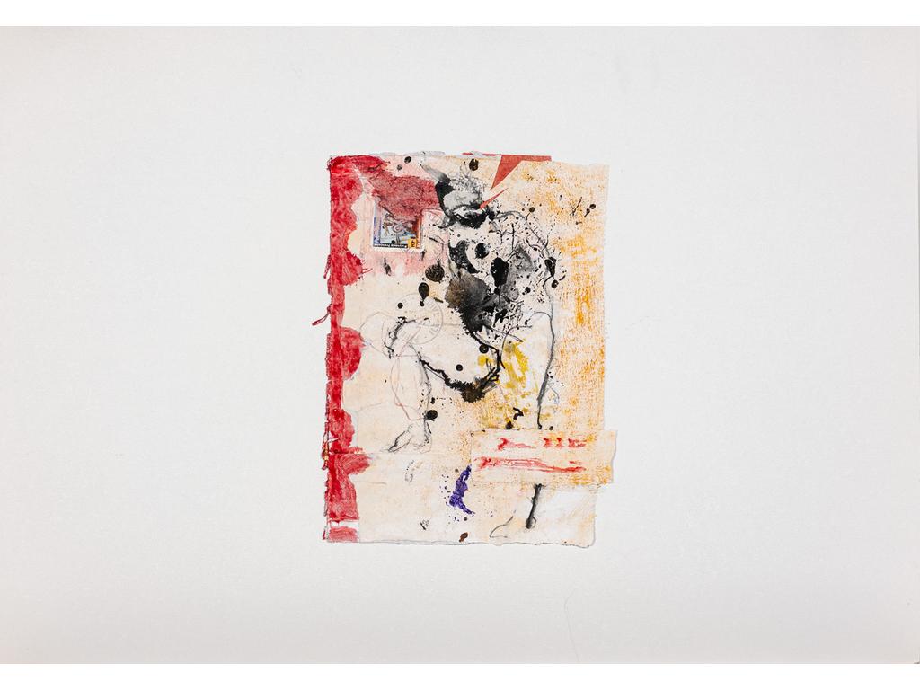 Catherine MONTMARSON : Tahiti. Technique mixte (encre, acrylique et papiers collés), datée 2003 (contrecollée sur carton). Dimensions : 21 x 15 cm. Avec un certificat d'authenticité au dos.
