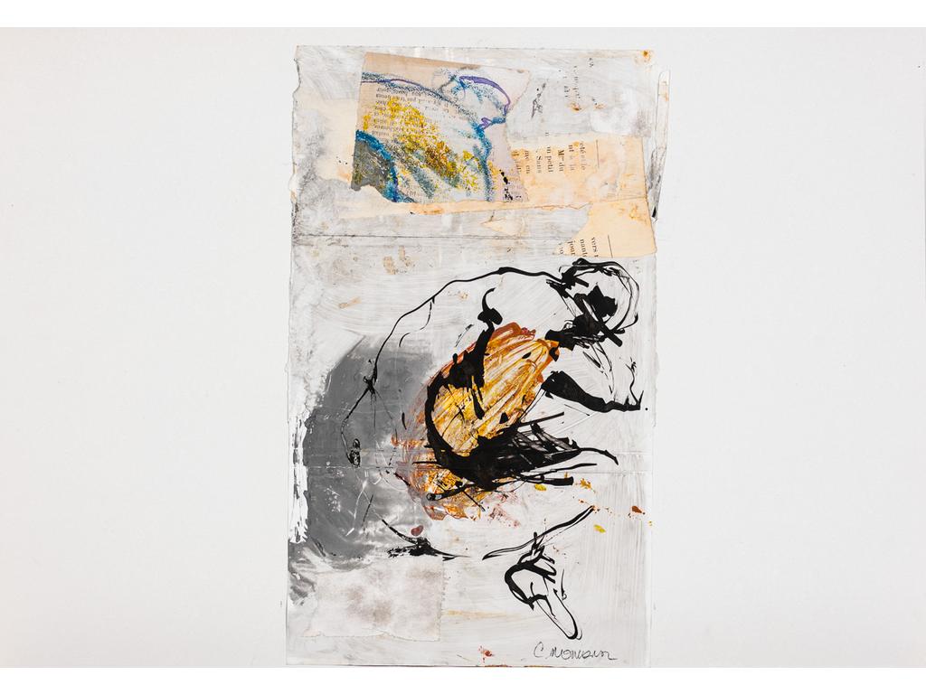 Catherine MONTMARSON : Fujii. Technique mixte (encre, acrylique et papiers collés), signée en bas à droite et datée 2003 (contrecollée sur carton). Dimensions : 33 x 20 cm. Avec un certificat d'authenticité au dos.