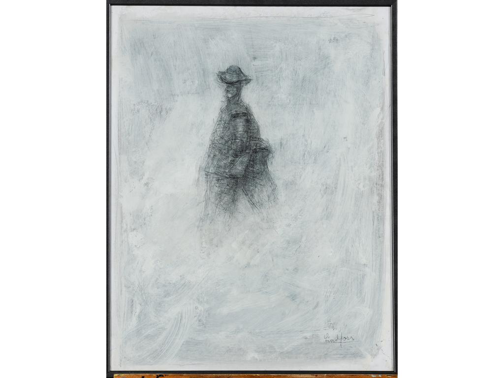 Evert LINDFORS (1927-2016) : Silhouette. Technique mixte sur papier. Signée en bas à droite. Dim : 64 x 49 cm.