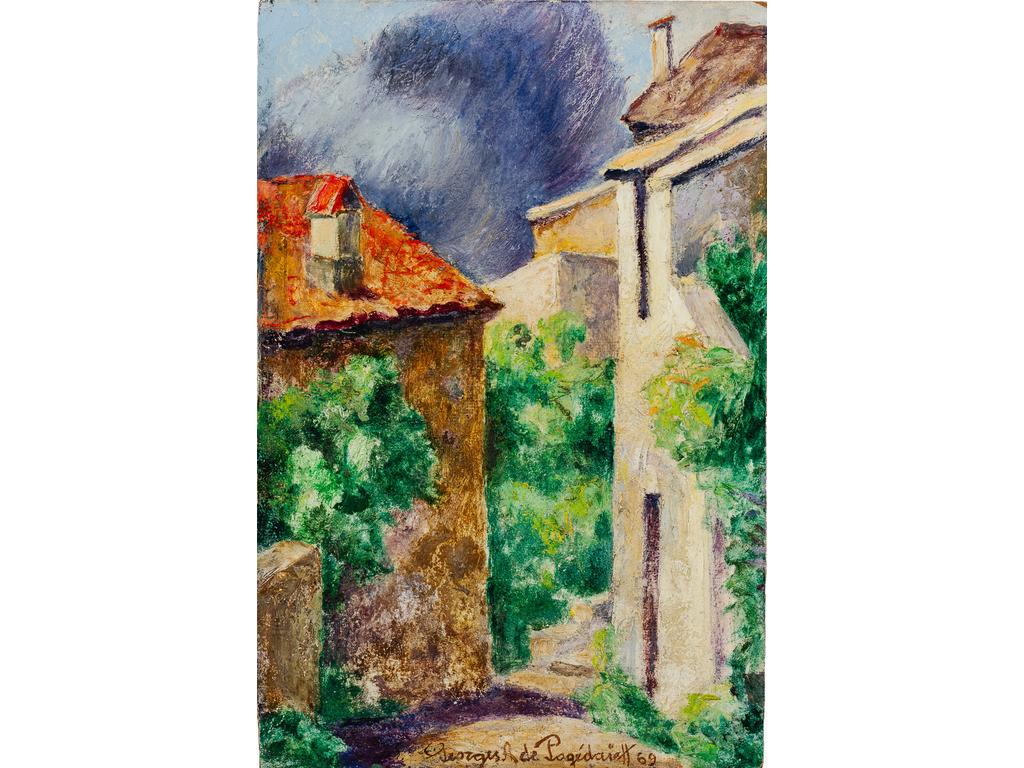 Georges de POGEDAIEFF (1897-1971) : La ruelle. Huile sur isorel signée en bas à droite et datée (19)69. (Sans cadre). Dim : 41 x 27 cm.