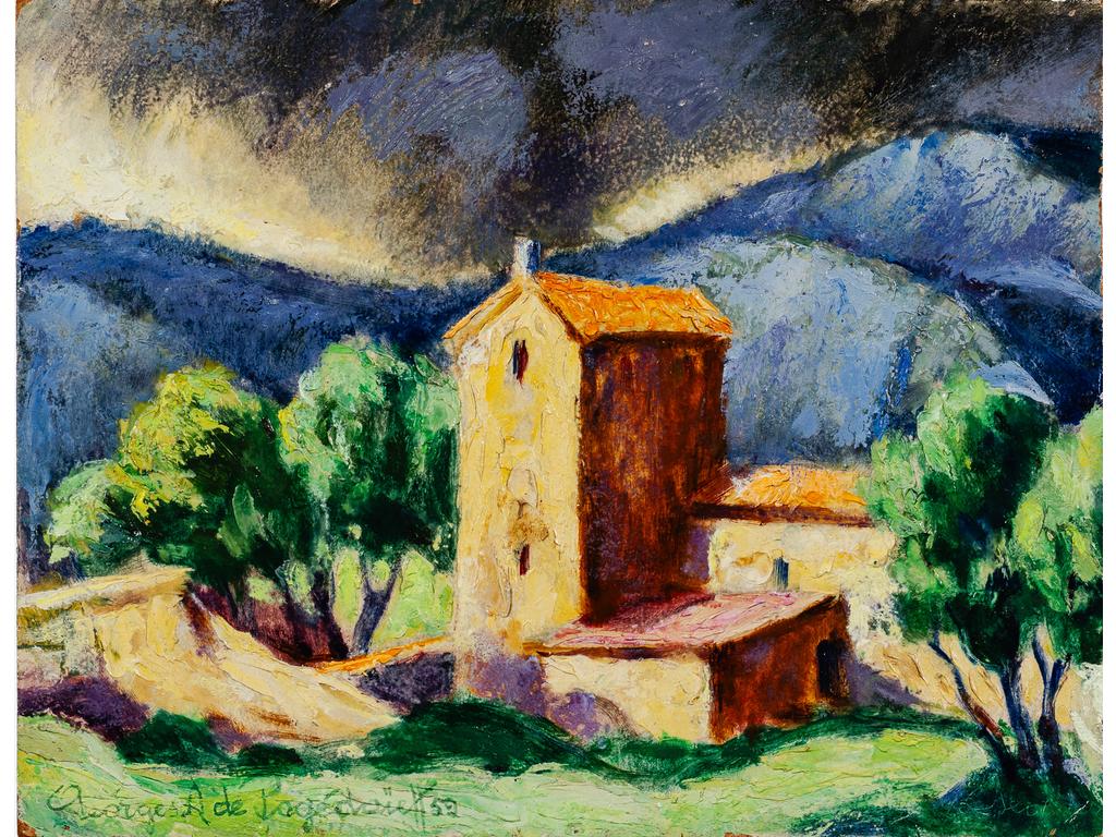 Georges de POGEDAIEFF (1897-1971) : La route à Lumière. Huile sur isorel signée en bas à gauche et datée (19)59. (Sans cadre). Dim : 27 x 35 cm.