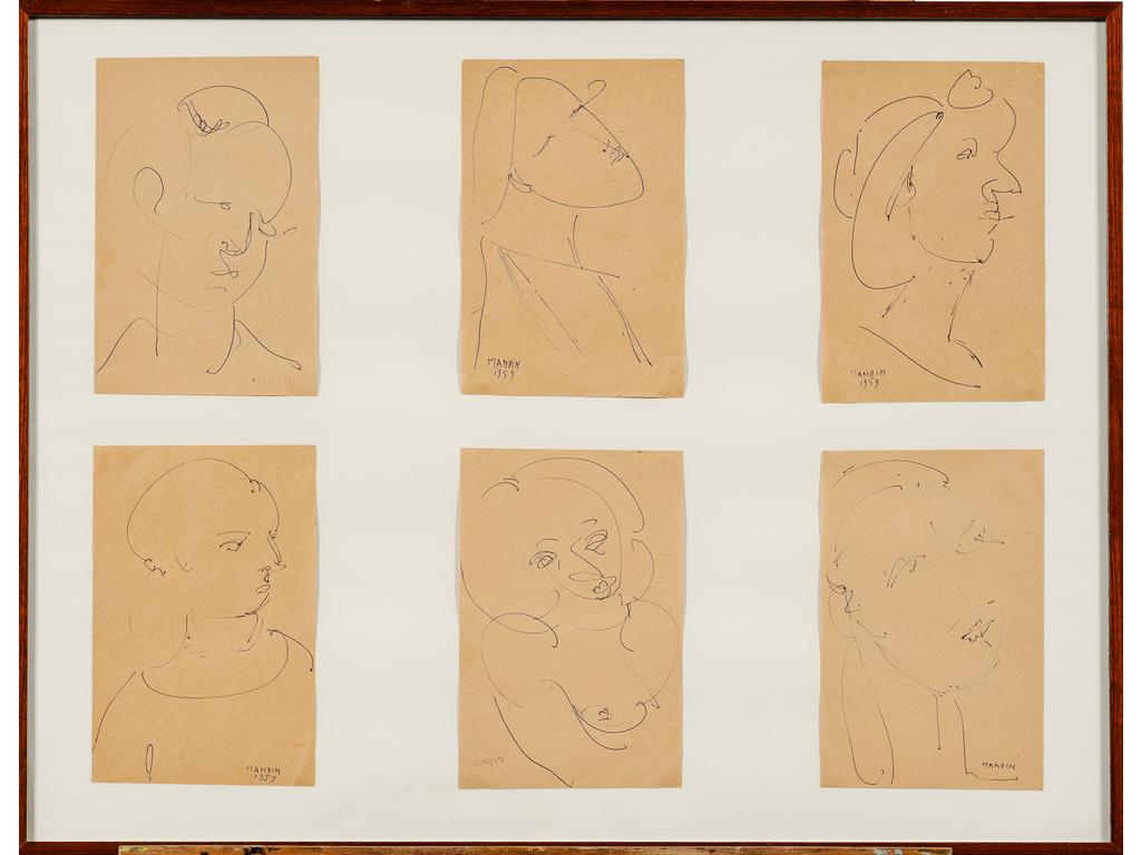 Richard MANDIN (1909-2002) : Portraits. Six dessins à l'encre dans un même encadrement. Trois datés 1959. Dim encadrement : 51 x 66.5 cm.