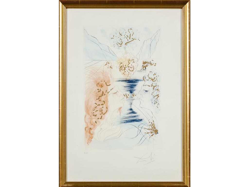 Salvador DALI (1904-1989) : Le baiser. Gravure en couleur et rehauts dorés, signée en bas à droite dans la marge. Tirage d'épreuve d'artiste. Dim de l'impression : 40 x 25 cm. Provenant de l'ouvrage 
