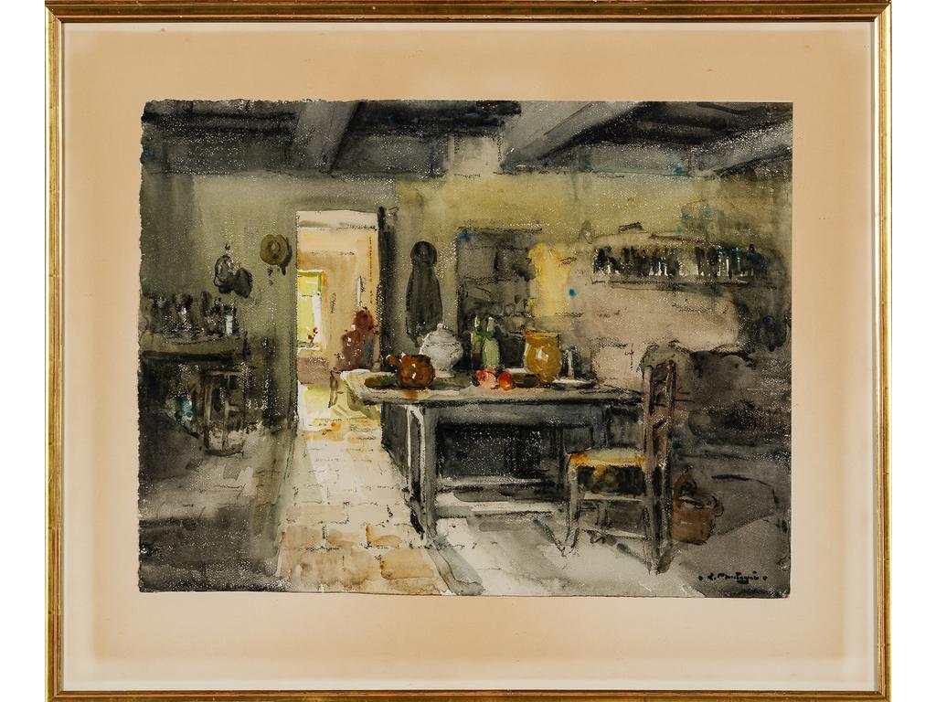 Louis MONTAGNE (1879-1960) : L'heure du repas. Aquarelle signée en bas à droite. Dim : 46 x 60 cm.