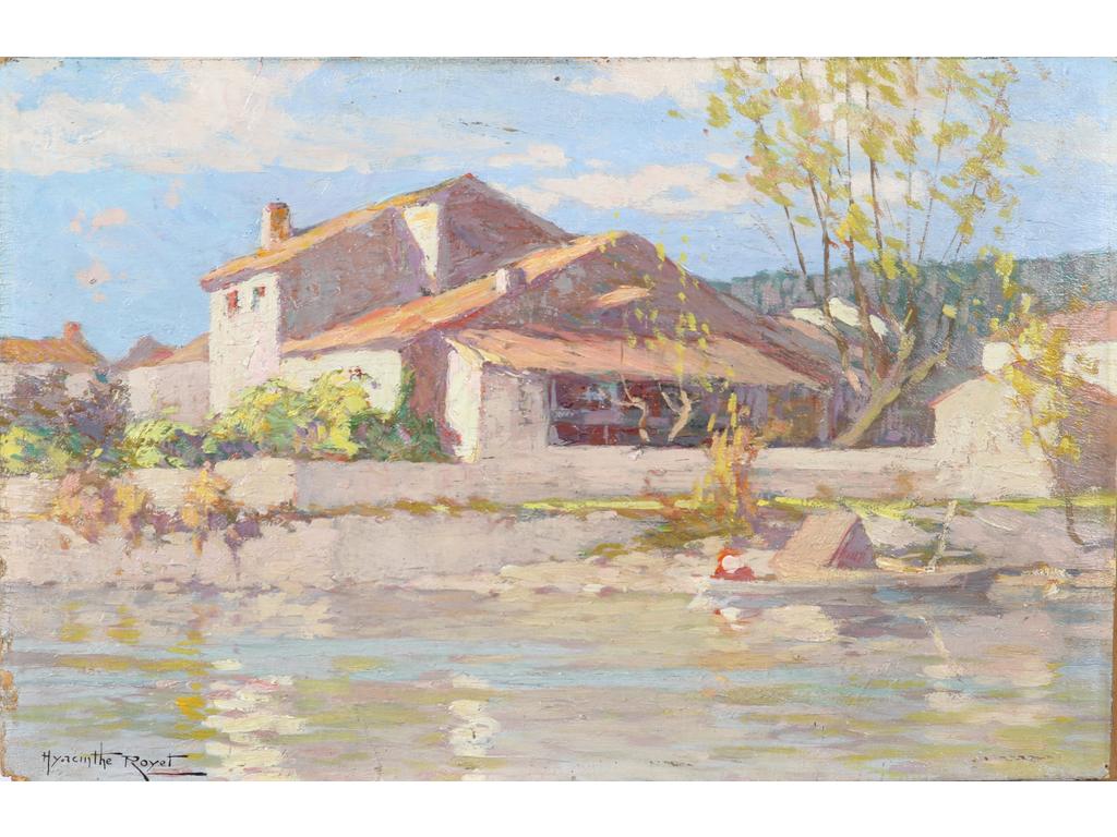 Hyacinthe ROYET : Le mas. Huile sur carton, signée en bas à gauche. Dim : 27 x 41 cm. (non encadrée, usures aux bords)