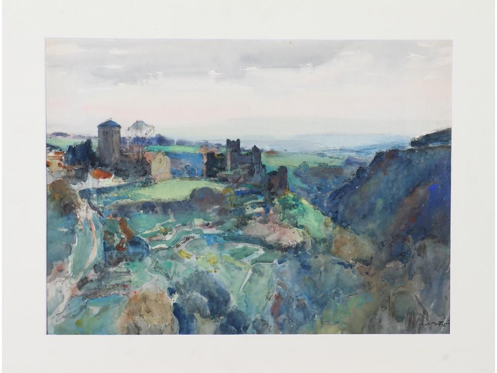 Louis MONTAGNE (1879-1960) : Le château de Leyssac. Aquarelle signée en bas à droite. Dim : 41 x 62 cm.