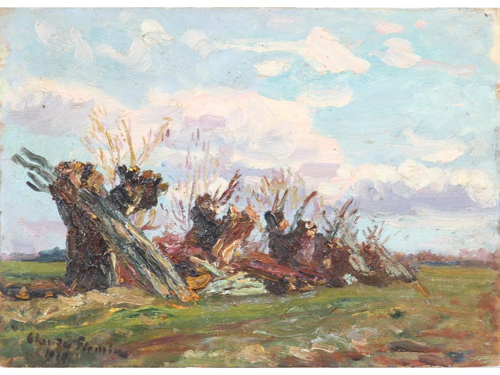 Claude FIRMIN (1864-1944) :  Les troncs d'arbres. Petite huile sur contre-plaqué signée en bas à gauche et datée 1910. (Sans cadre). Dim : 24 x 33 cm.